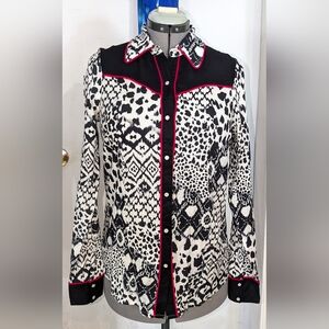 Roper Black and White Patterned Blouse with Red Accents